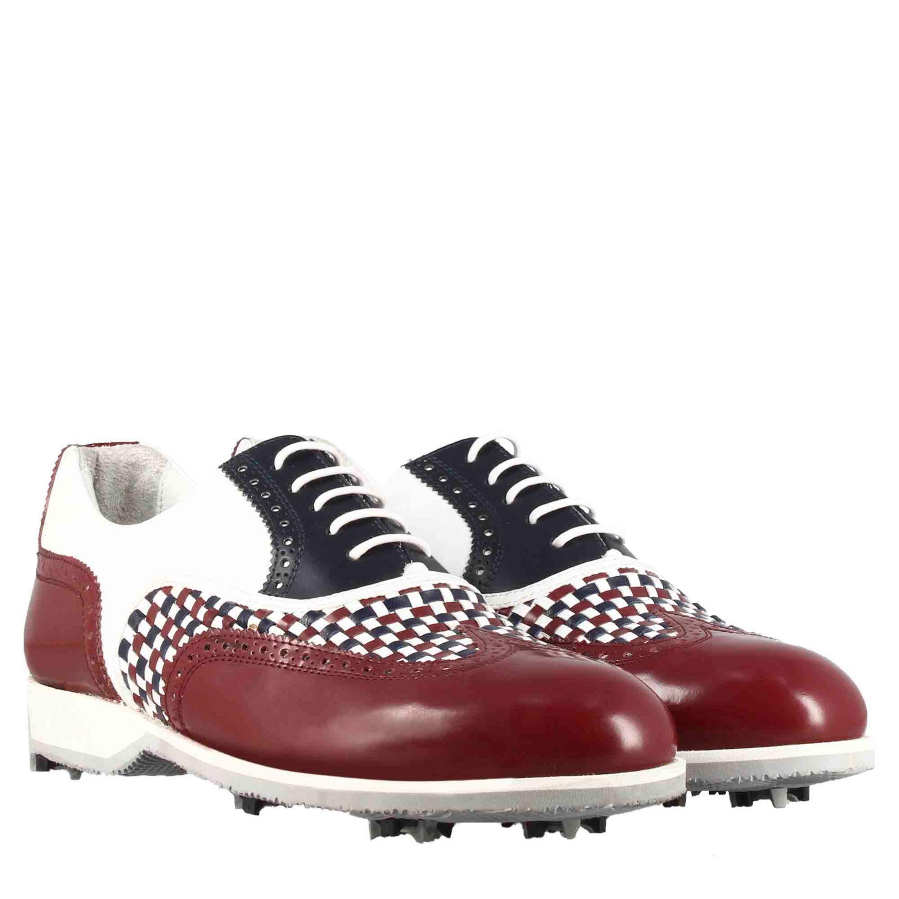 Handcrafted men's golf shoes in white leather with blue and burgundy details