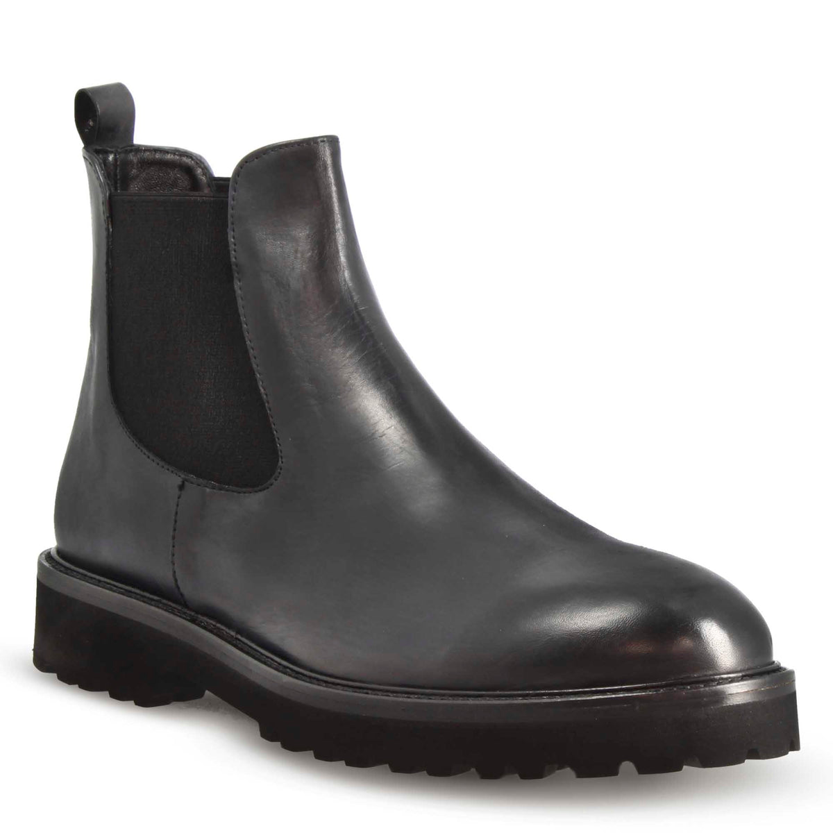 Men's Chelsea Boots in Smooth Genuine Leather in Black with Tread Sole