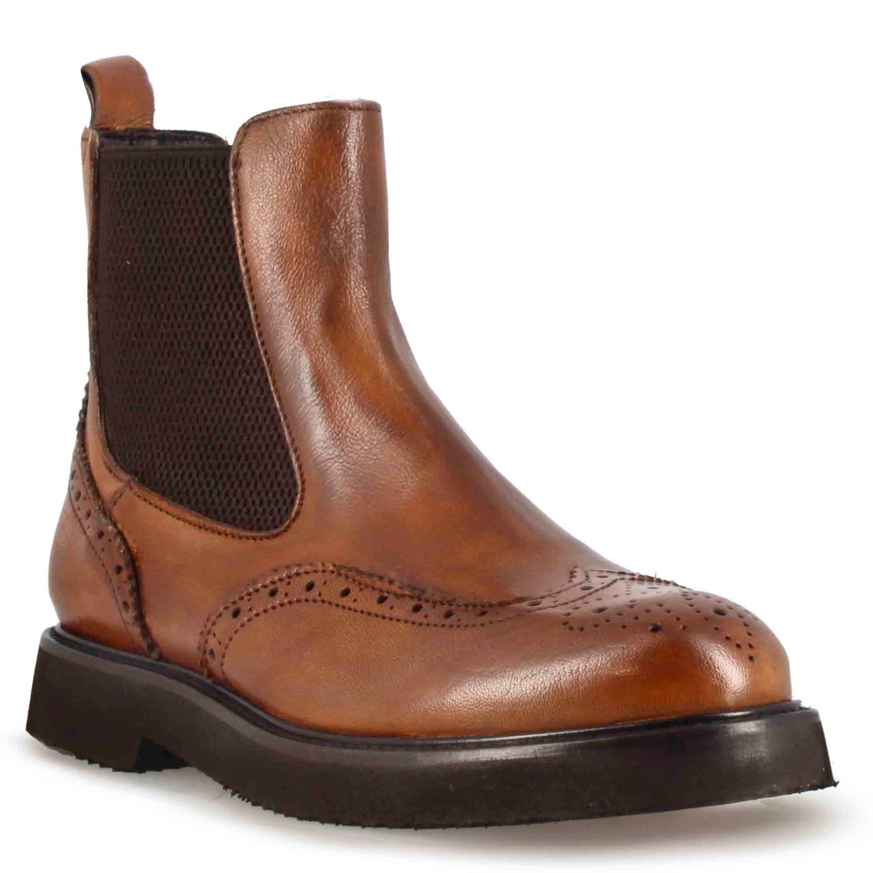 Women's Chelsea Brogue Boot in Genuine Leather Brown