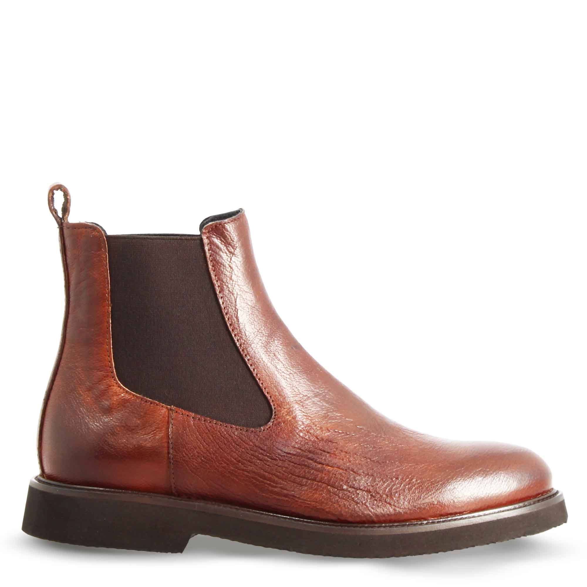 Women's Chelsea Boot in Genuine Leather Brown with Elastic