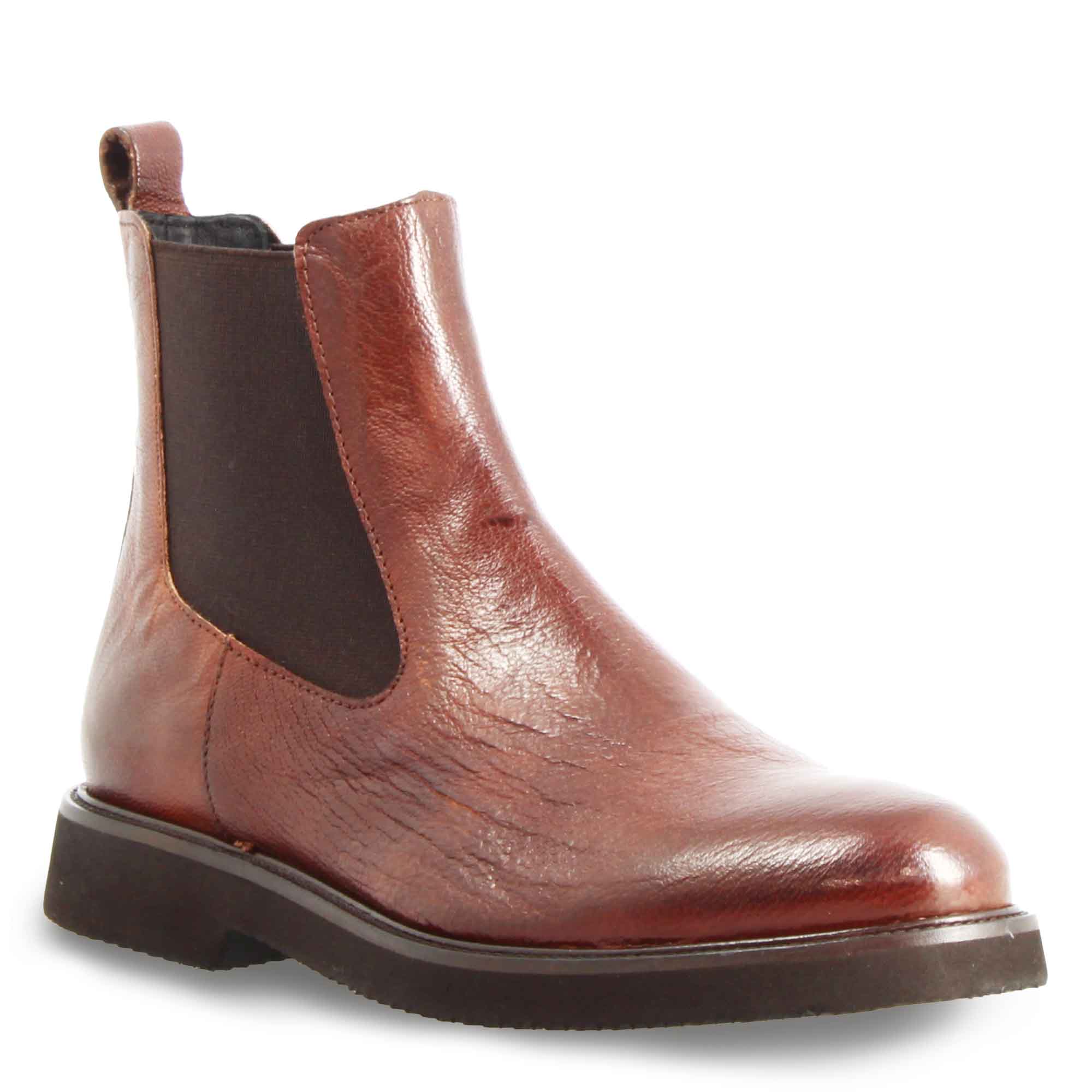 Women's Chelsea Boot in Genuine Leather Brown with Elastic