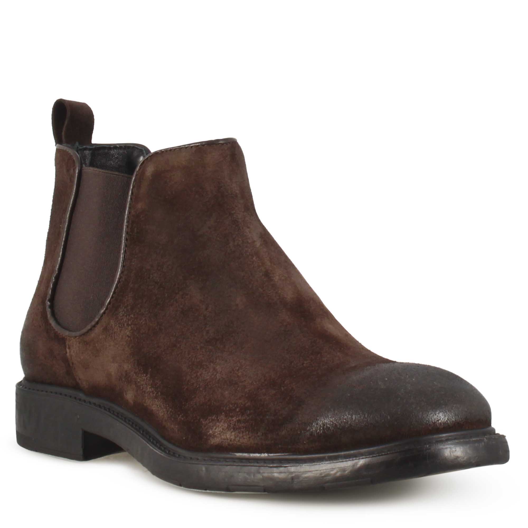 Dark brown genuine suede men's chelsea boot with elastic