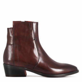 Women's asymmetrical Texan style ankle boot in burgundy leather