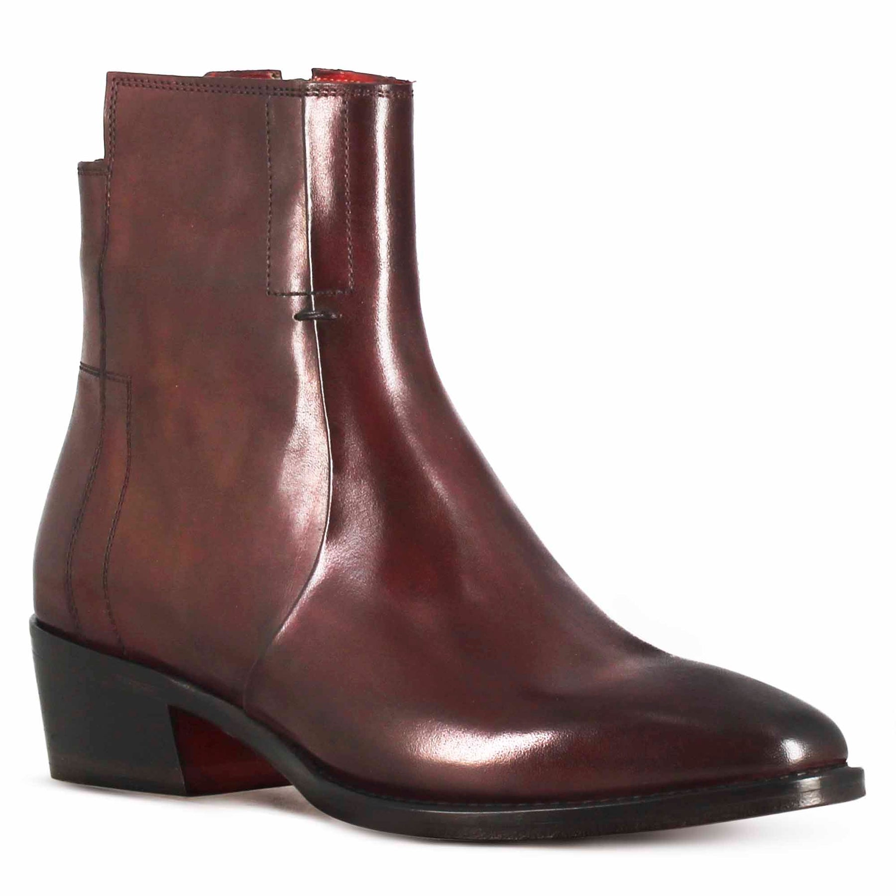 Women's asymmetrical Texan style ankle boot in burgundy leather