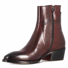 Women's asymmetrical Texan style ankle boot in burgundy leather