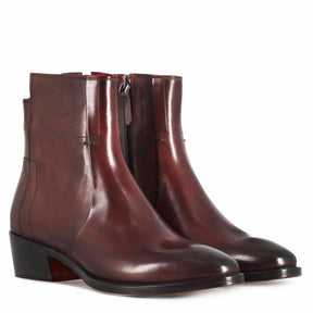 Women's asymmetrical Texan style ankle boot in burgundy leather