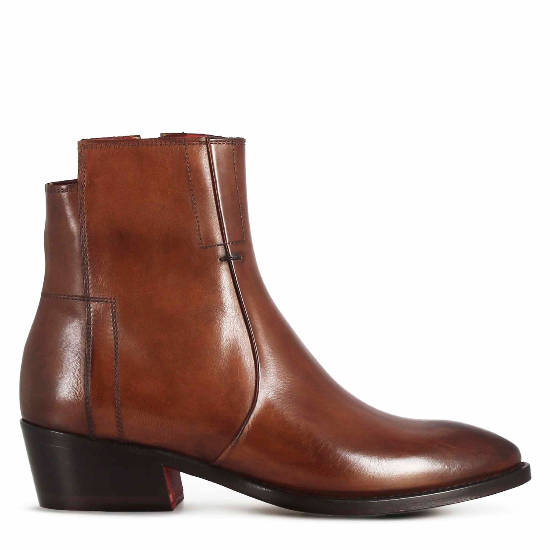 Women's asymmetrical Texan style ankle boot in brown leather