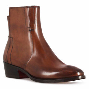 Women's asymmetrical Texan style ankle boot in brown leather