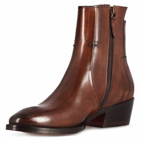 Women's asymmetrical Texan style ankle boot in brown leather