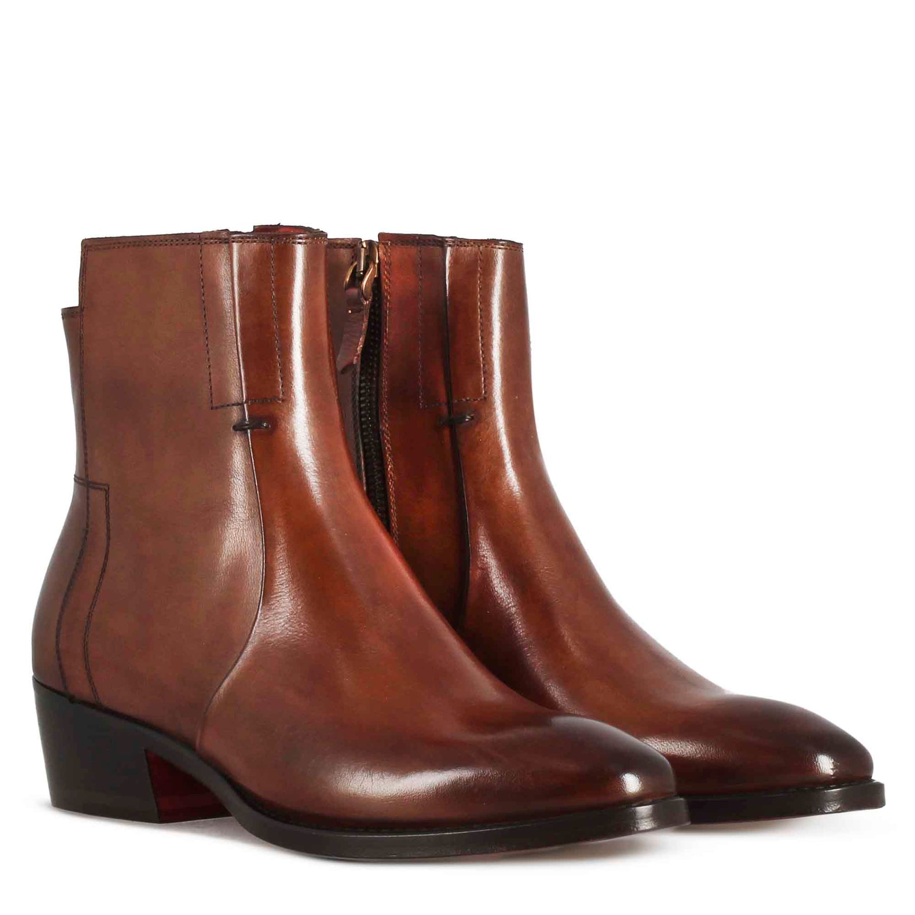 Bottine asymétrique style texan pour femme en cuir marron