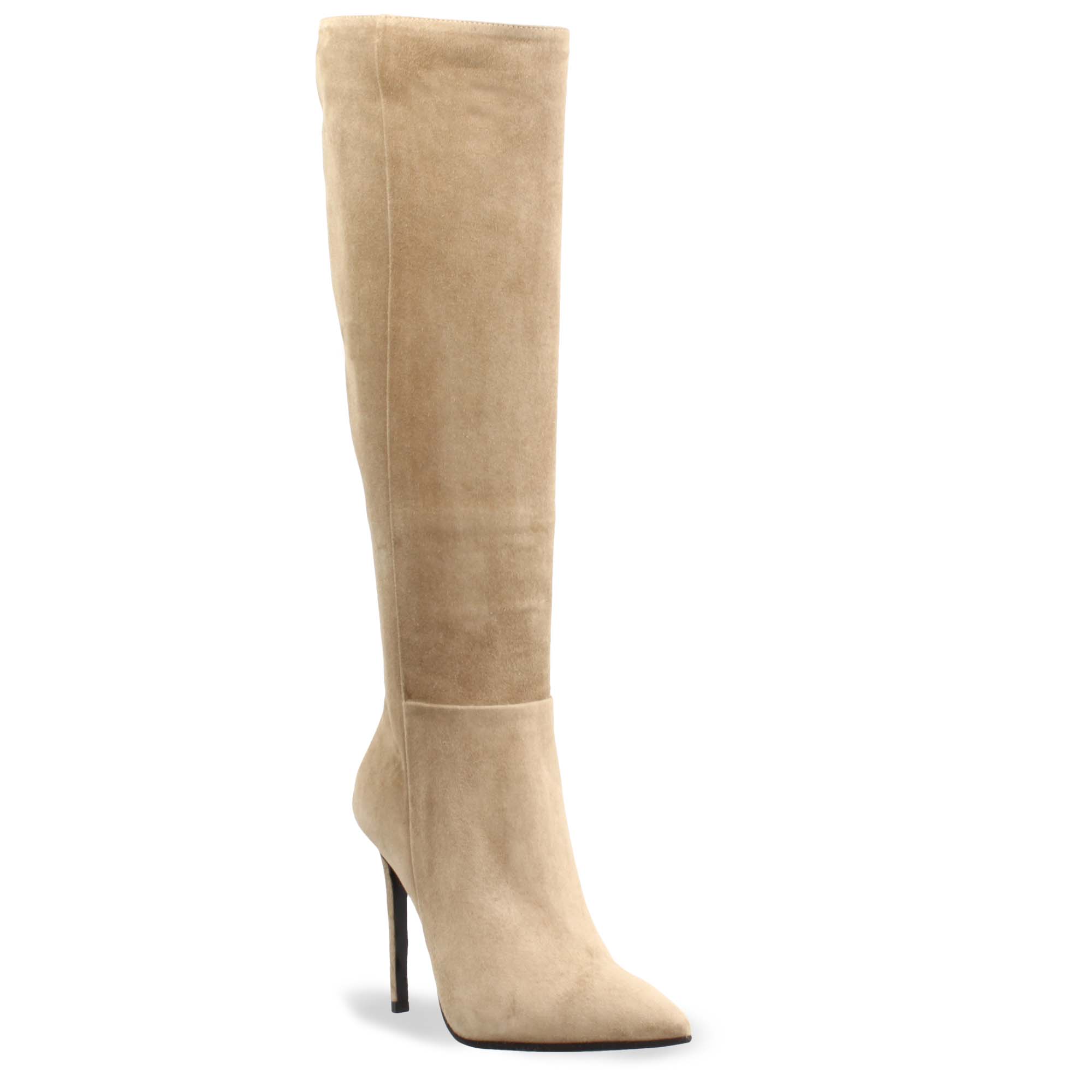 Women's Beige Suede Stiletto Heel Pointed Toe Knee High Boots