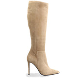 Women's Beige Suede Stiletto Heel Pointed Toe Knee High Boots