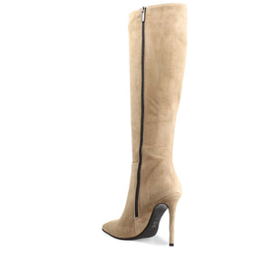 Women's Beige Suede Stiletto Heel Pointed Toe Knee High Boots