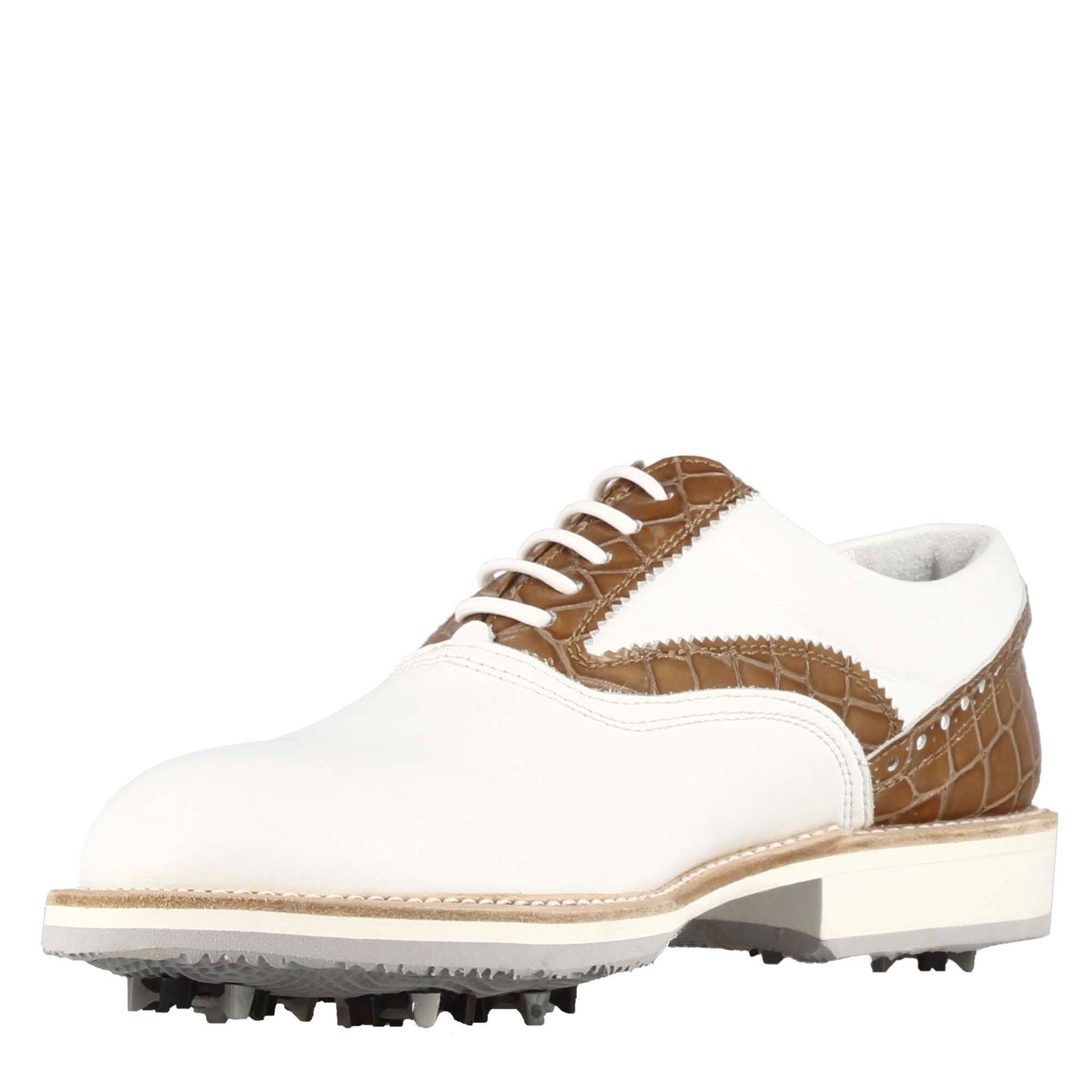 Handcrafted women's golf shoes in white leather with light brown details