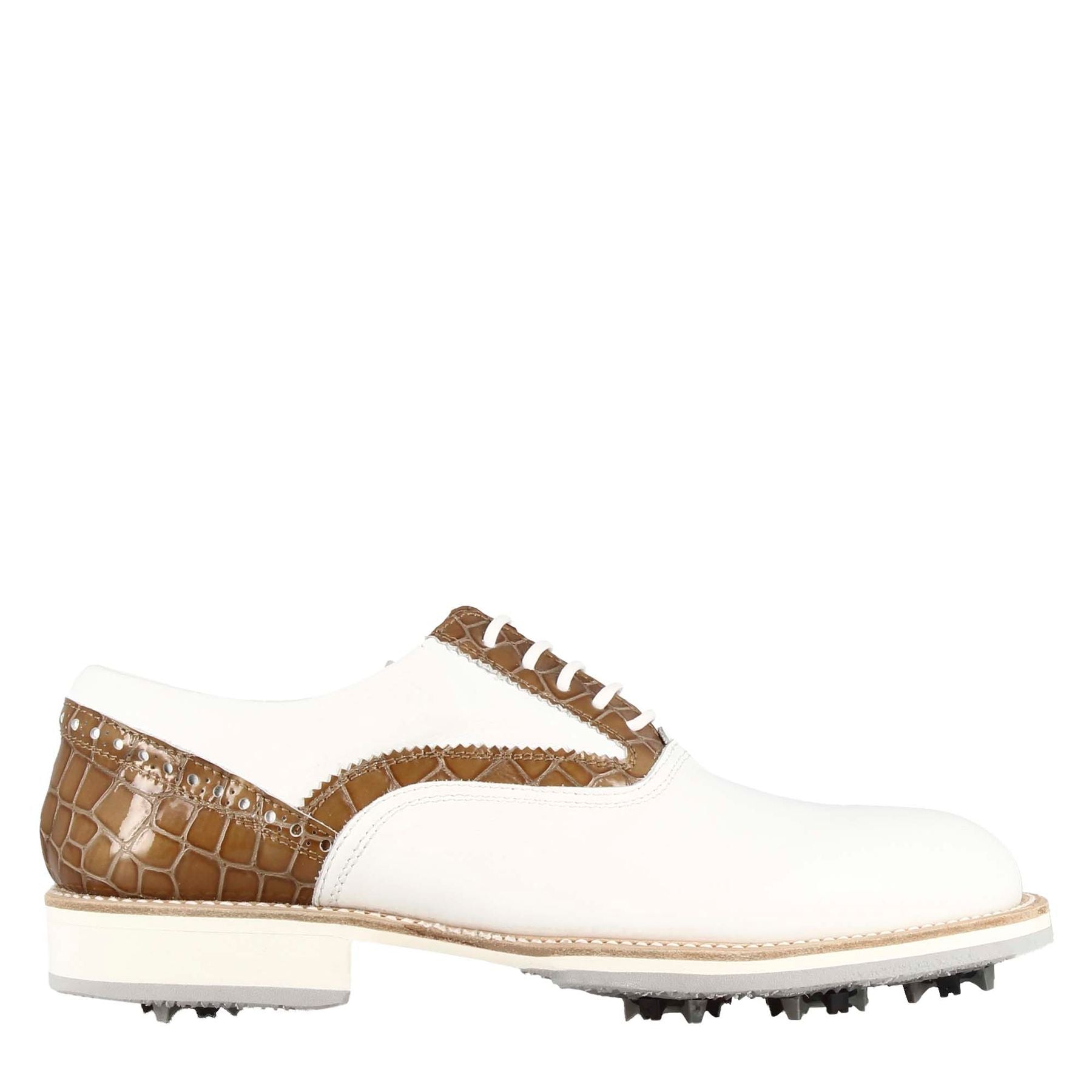 Handcrafted men's golf shoes in white leather with light brown details