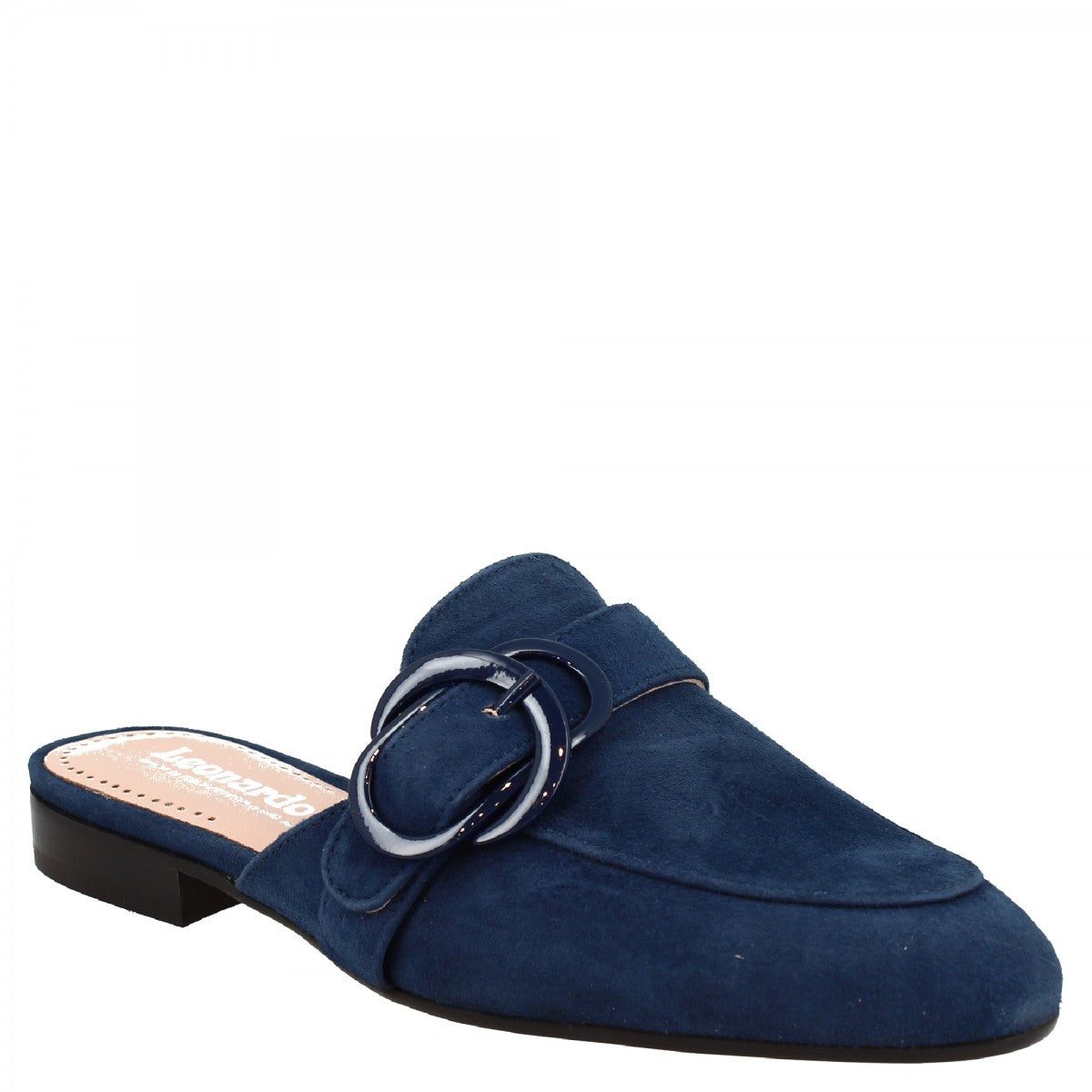 Women's handmade mules shoes with buckle in blue suede leather
