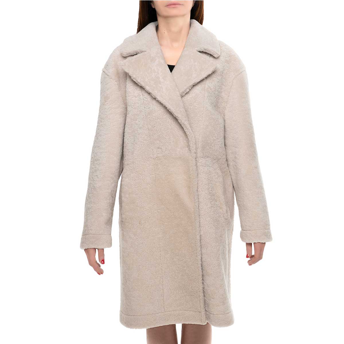 Long beige women's sheepskin coat with buttons