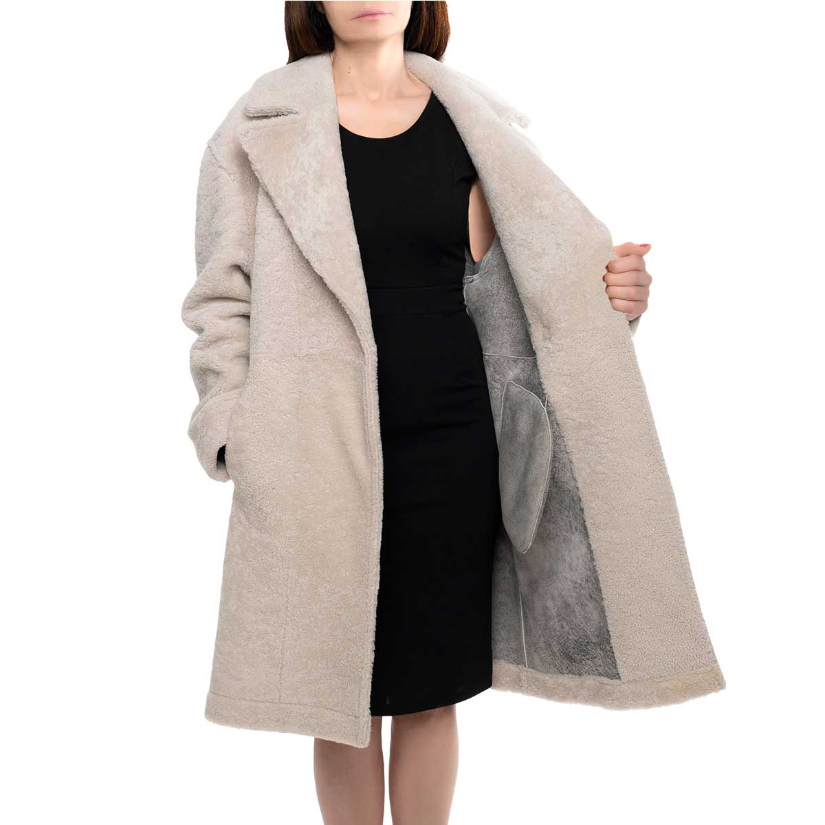 Long beige women's sheepskin coat with buttons