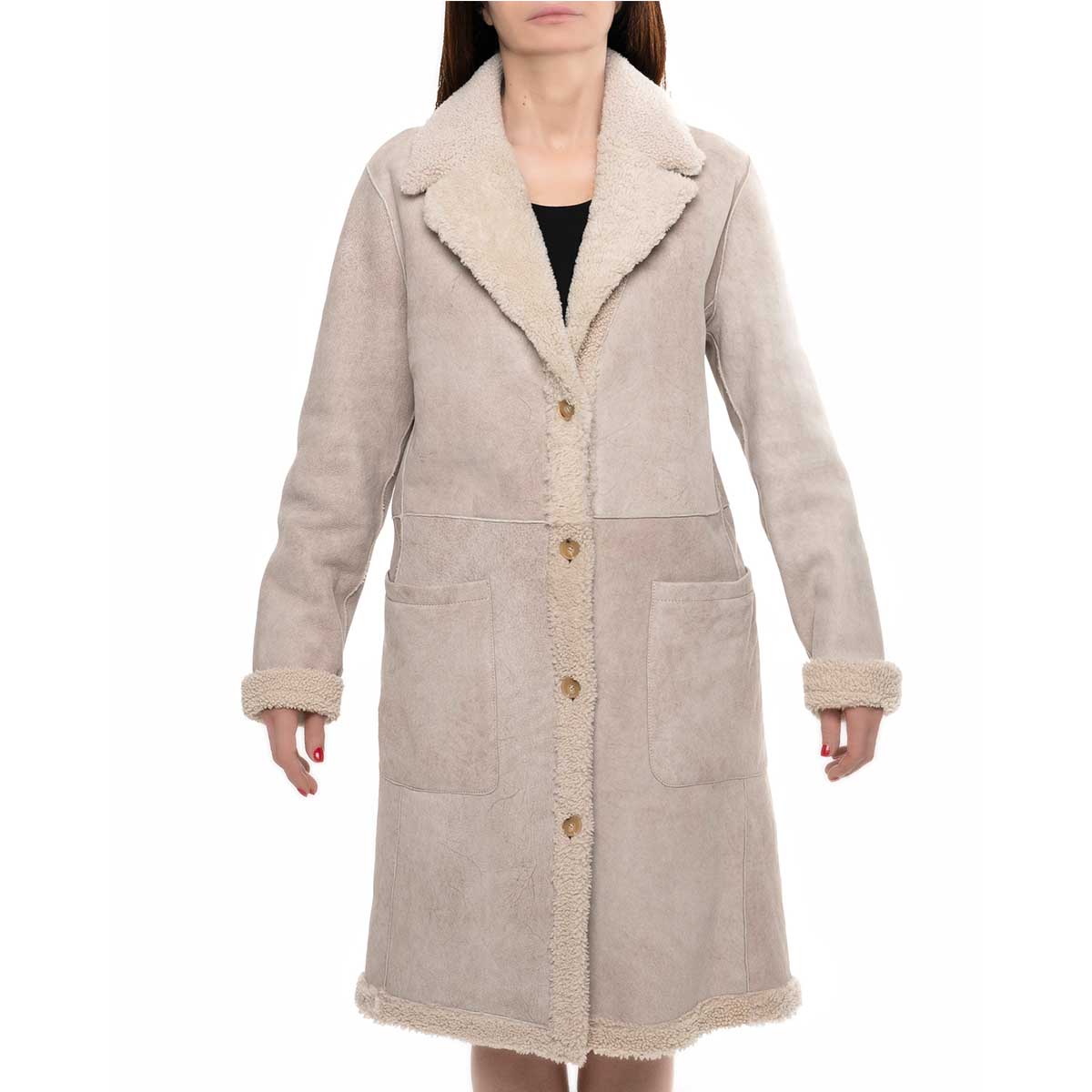 Beige women's long double-breasted reversible coat