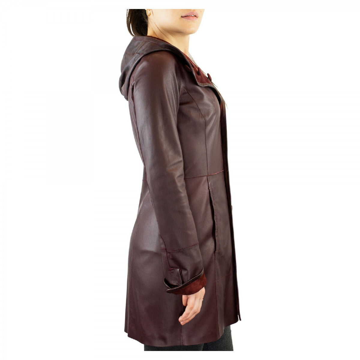 Giacca elegante reversibile da donna fatta a mano in pelle di renna e agnello bordeaux