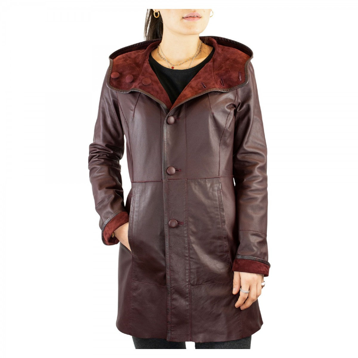 Giacca elegante reversibile da donna fatta a mano in pelle di renna e agnello bordeaux