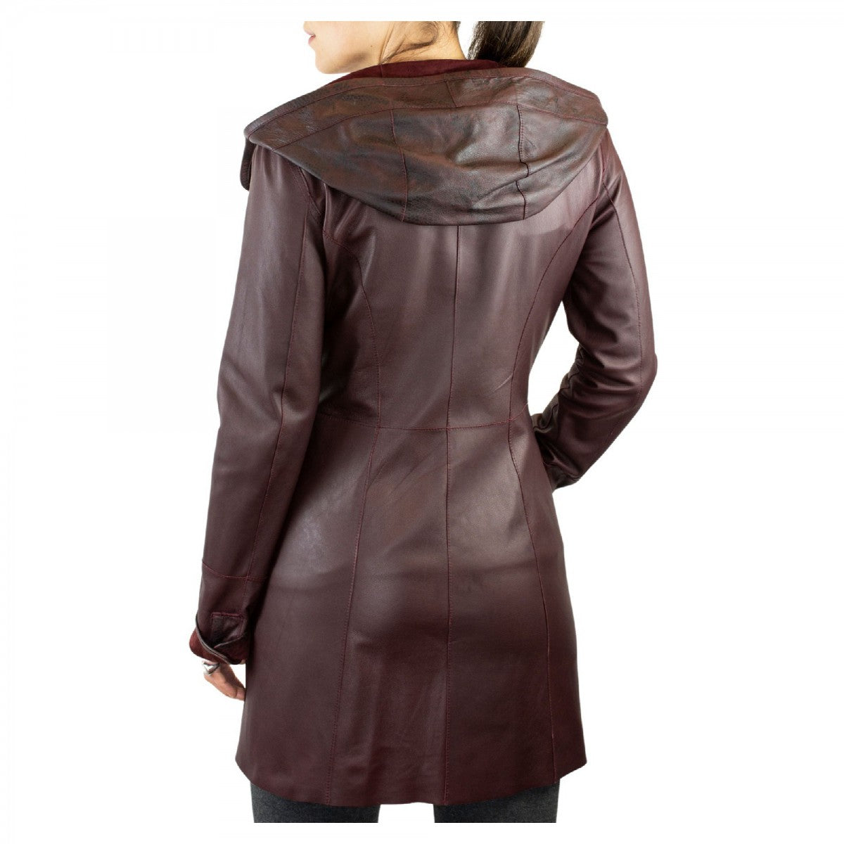 Giacca elegante reversibile da donna fatta a mano in pelle di renna e agnello bordeaux