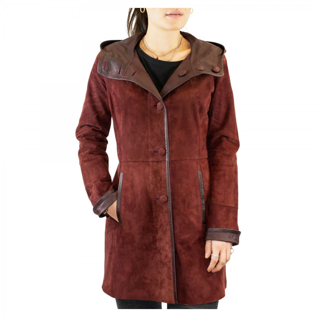 Giacca elegante reversibile da donna fatta a mano in pelle di renna e agnello bordeaux