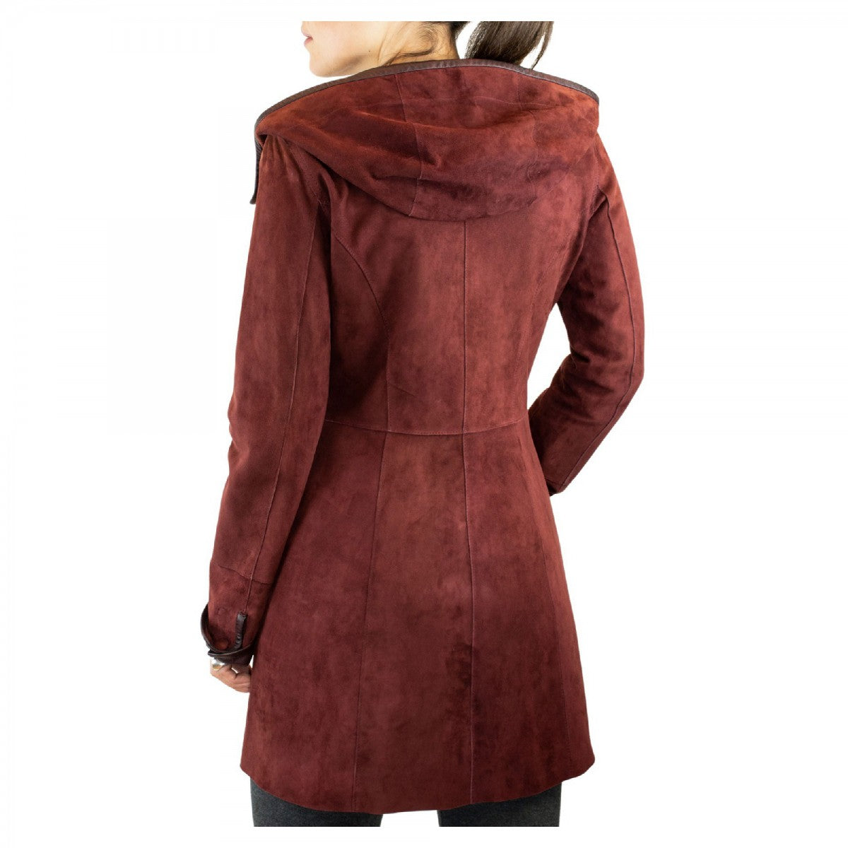 Giacca elegante reversibile da donna fatta a mano in pelle di renna e agnello bordeaux