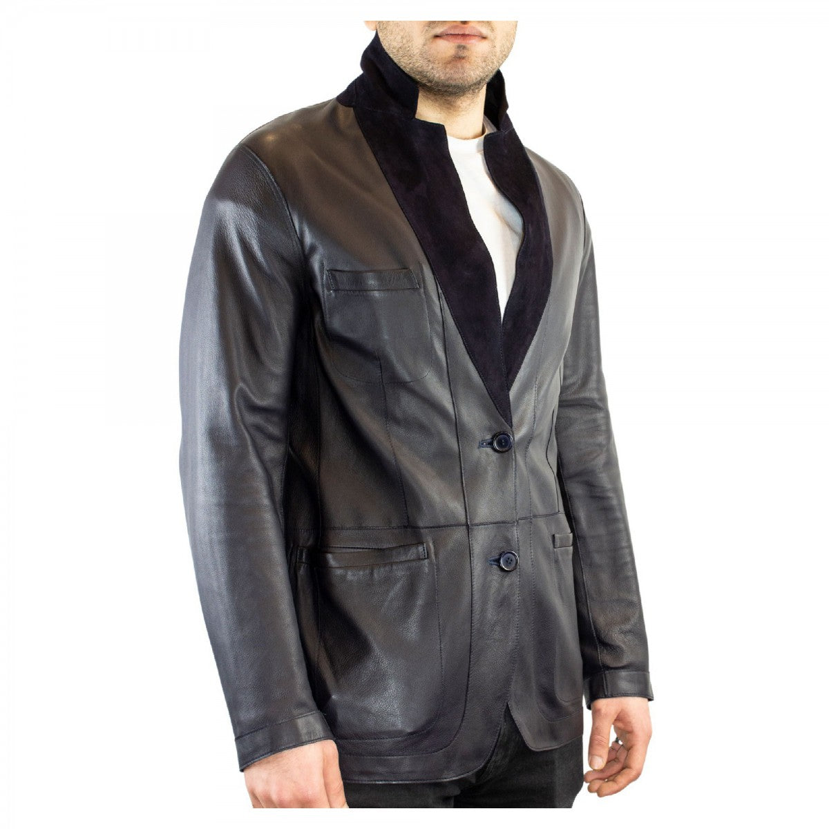 Giacca elegante reversibile da uomo fatta a mano in pelle di renna e agnello blu con bottoni