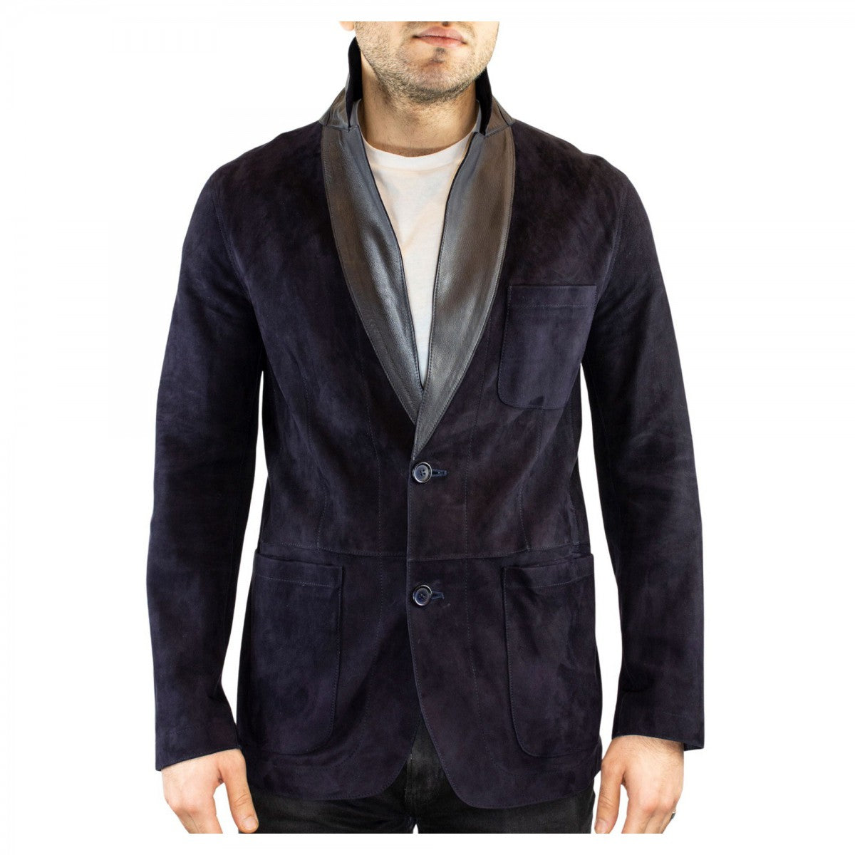 Giacca elegante reversibile da uomo fatta a mano in pelle di renna e agnello blu con bottoni