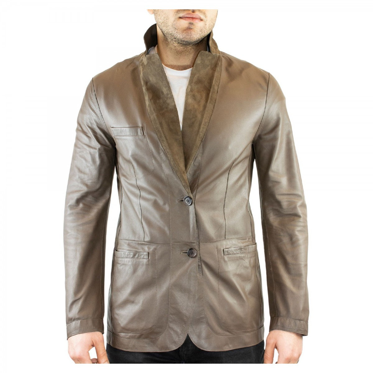 Giacca elegante reversibile da uomo fatta a mano in pelle di renna e agnello taupe con bottoni