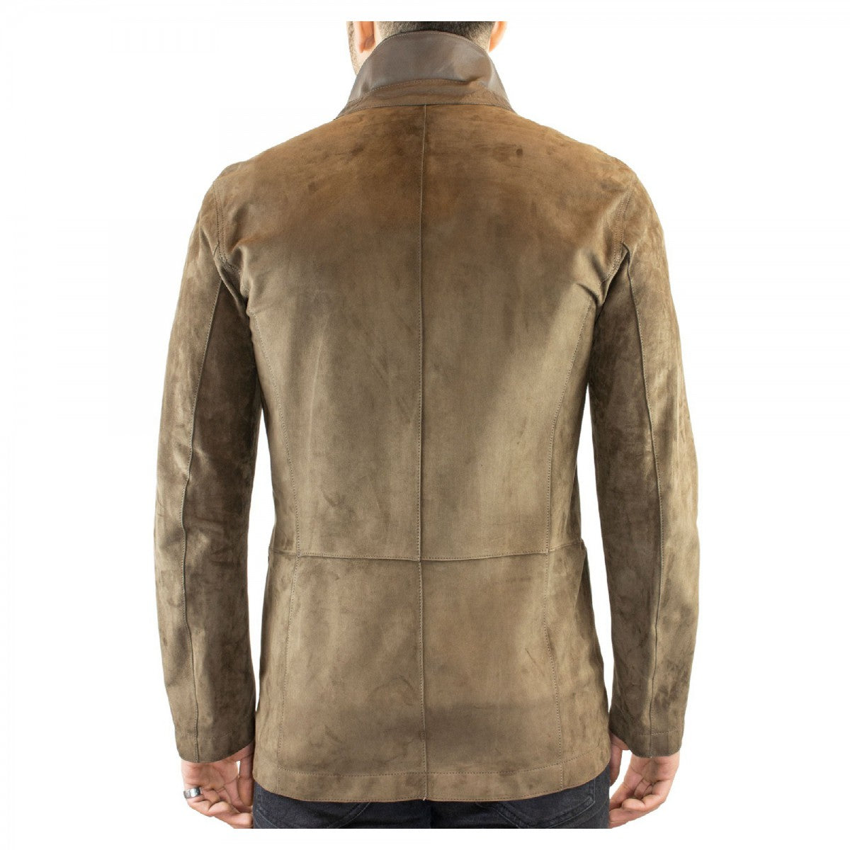 Giacca elegante reversibile da uomo fatta a mano in pelle di renna e agnello taupe con bottoni