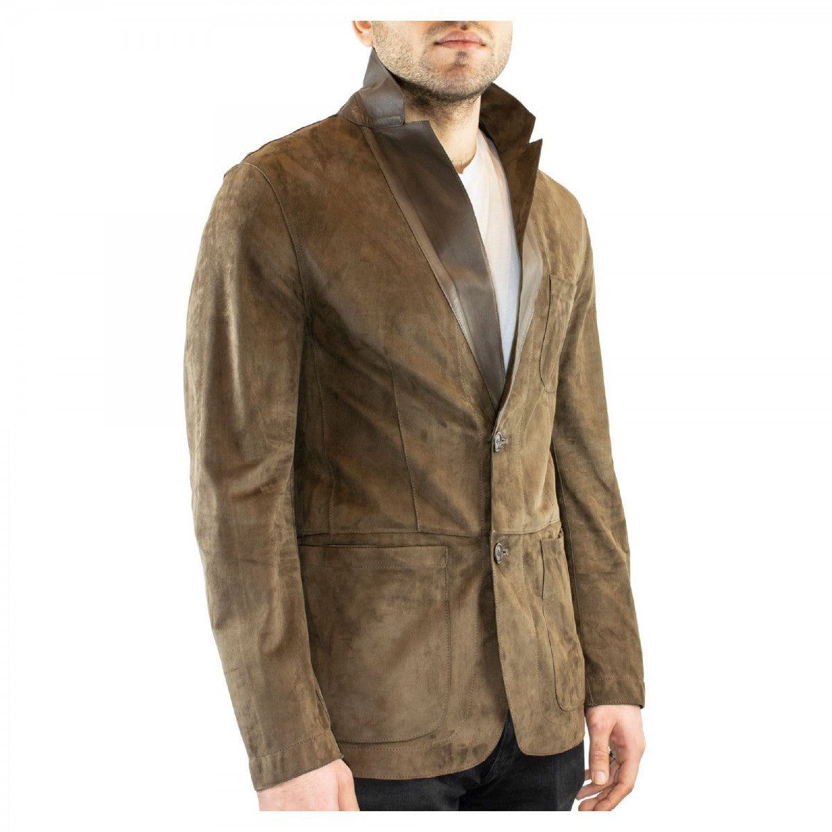 Giacca elegante reversibile da uomo fatta a mano in pelle di renna e agnello taupe con bottoni