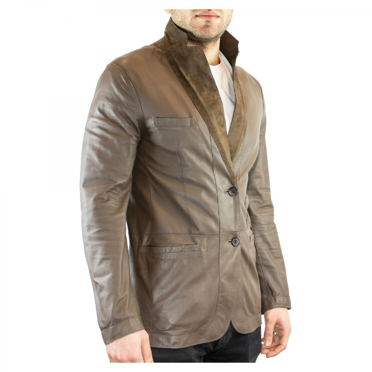 Giacca elegante reversibile da uomo fatta a mano in pelle di renna e agnello taupe con bottoni