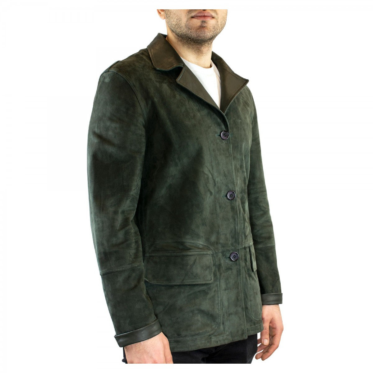 Giacca formale reversibile da uomo fatta a mano in pelle di renna e agnello verde