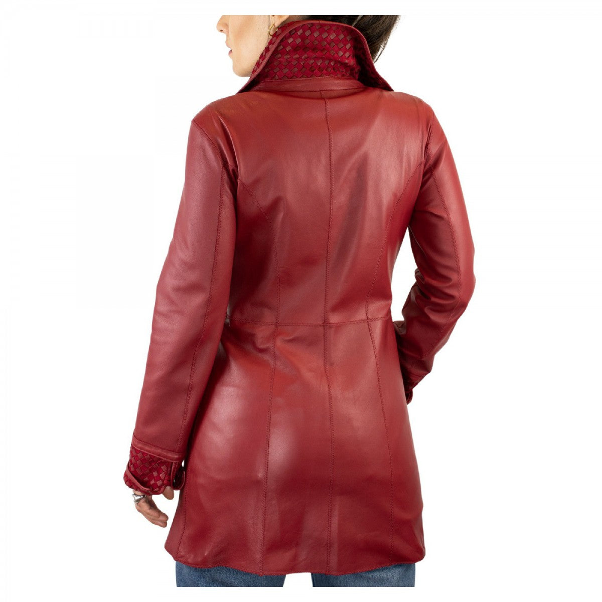 Giacca reversibile da donna fatta a mano in pelle di renna e agnello rosso