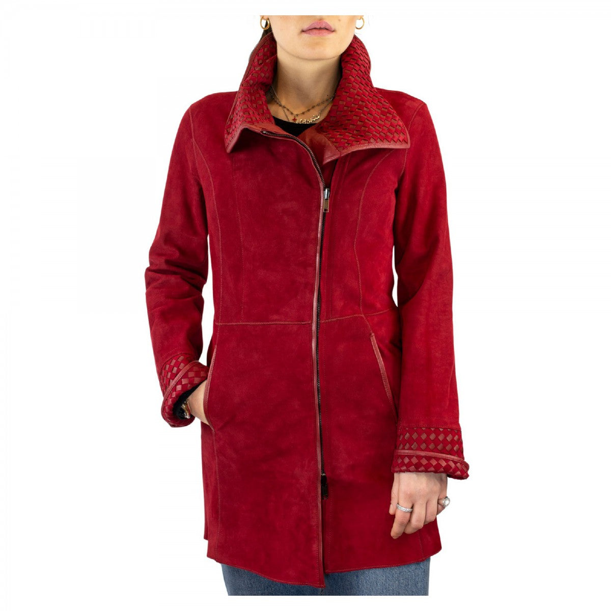 Giacca reversibile da donna fatta a mano in pelle di renna e agnello rosso