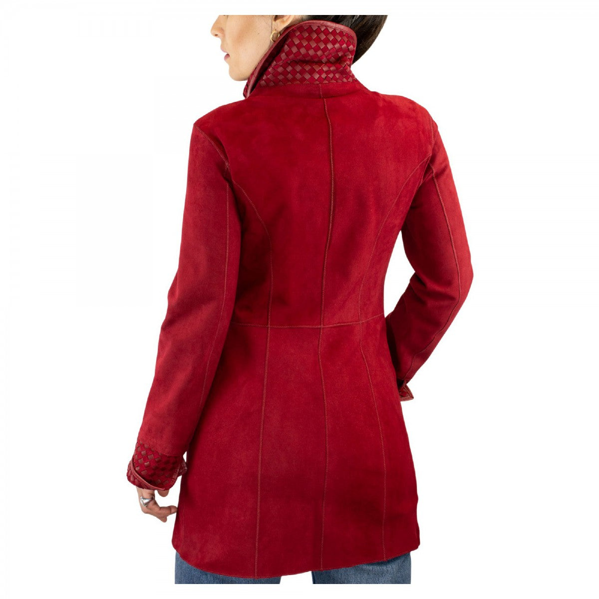 Giacca reversibile da donna fatta a mano in pelle di renna e agnello rosso