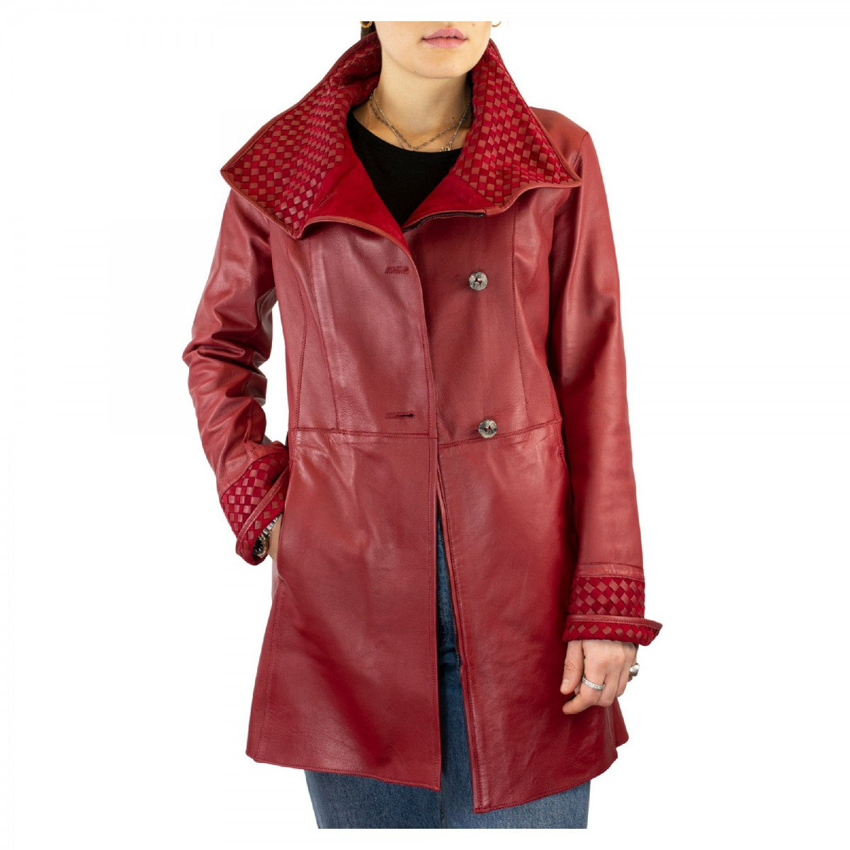 Giacca reversibile da donna fatta a mano in pelle di renna e agnello rosso