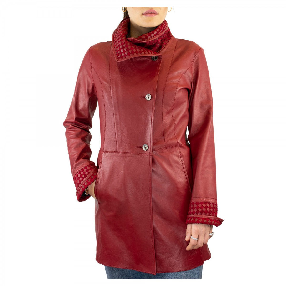 Giacca reversibile da donna fatta a mano in pelle di renna e agnello rosso