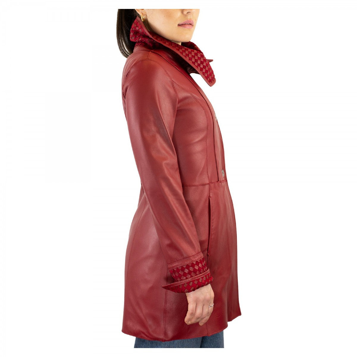 Giacca reversibile da donna fatta a mano in pelle di renna e agnello rosso