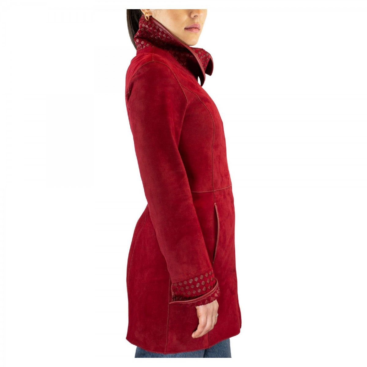 Giacca reversibile da donna fatta a mano in pelle di renna e agnello rosso