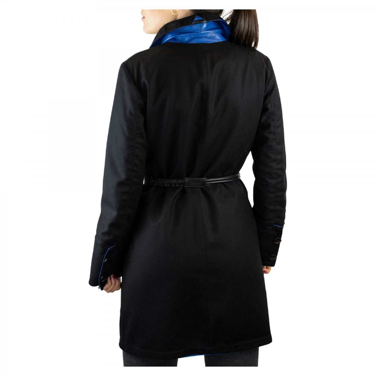 Giacca reversibile da donna fatta a mano in pelle di vitello blu e cachemire con cintura