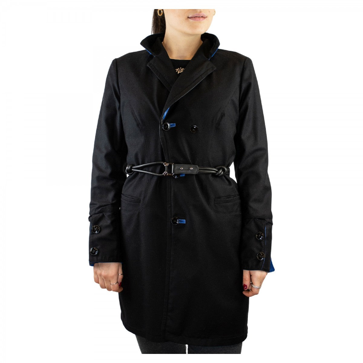 Giacca reversibile da donna fatta a mano in pelle di vitello blu e cachemire con cintura