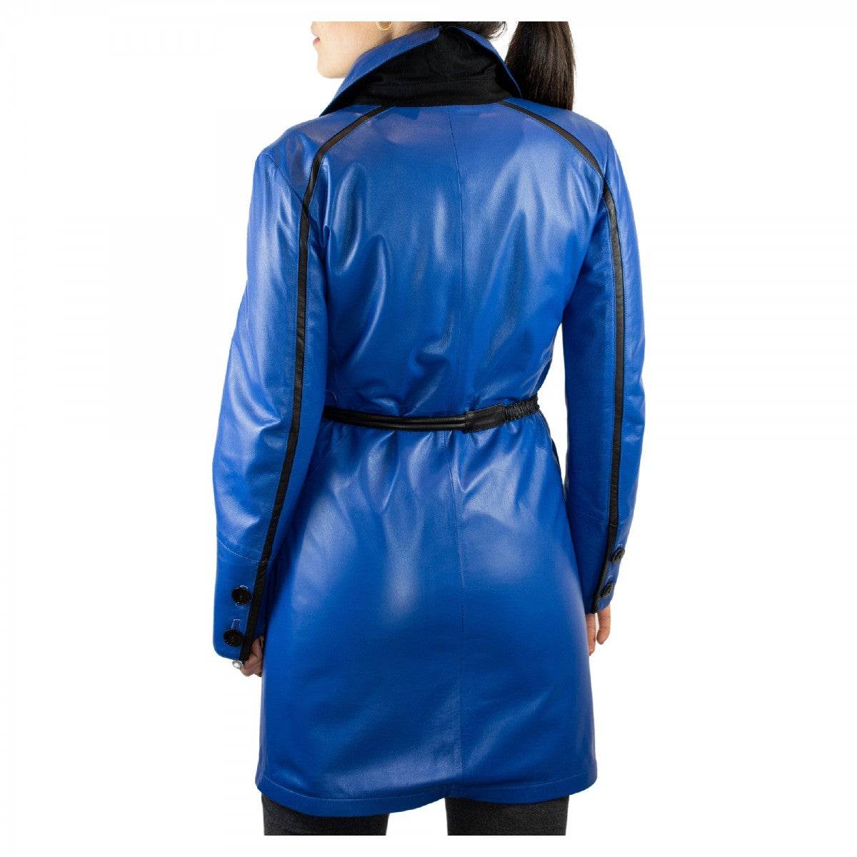 Giacca reversibile da donna fatta a mano in pelle di vitello blu e cachemire con cintura