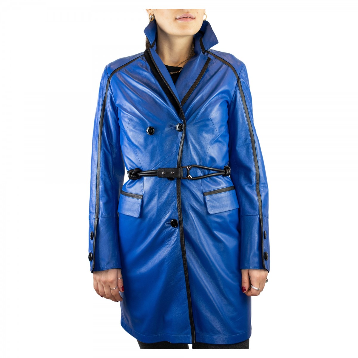 Giacca reversibile da donna fatta a mano in pelle di vitello blu e cachemire con cintura