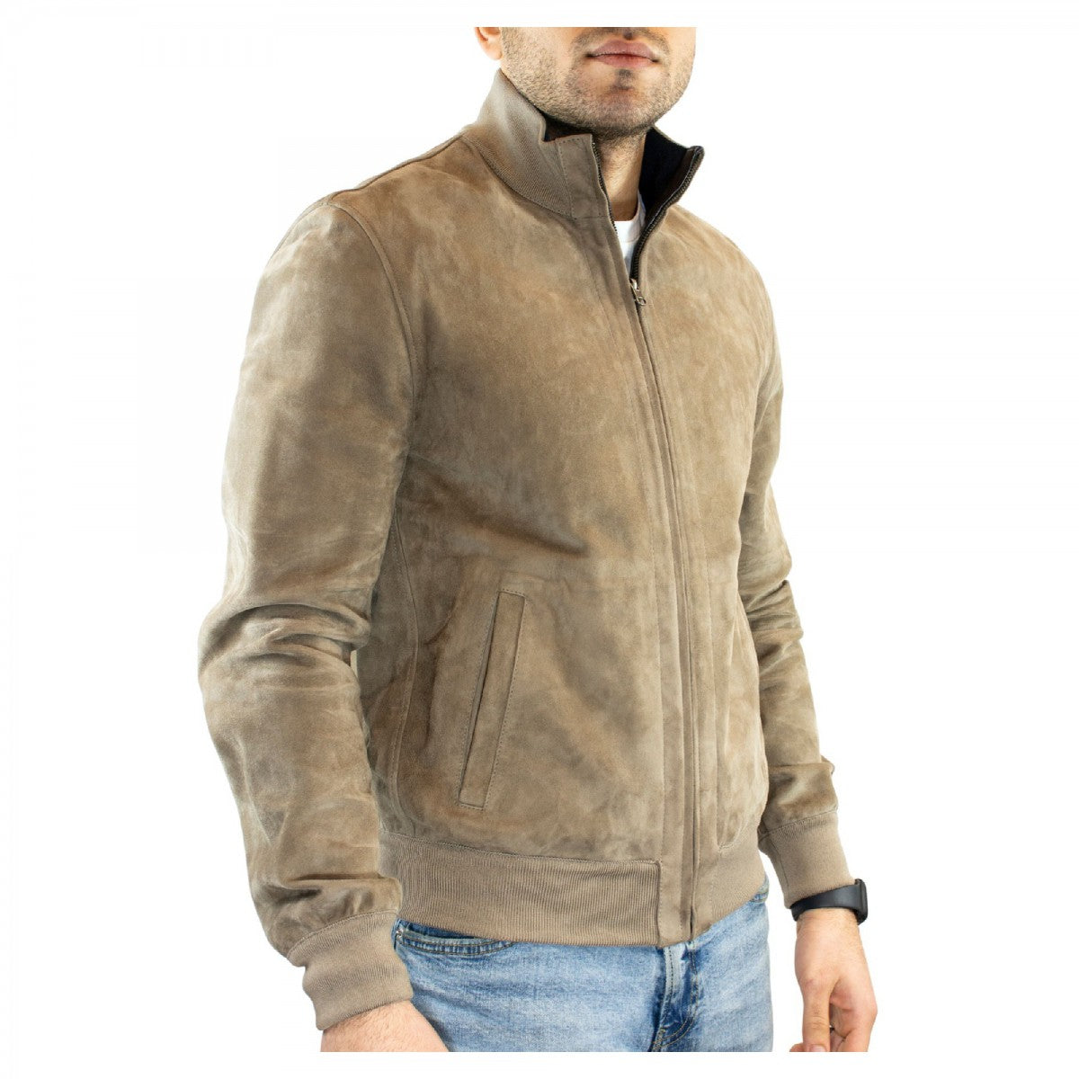 Giacca reversibile da uomo fatta a mano in pelle di renna e agnello taupe e blu