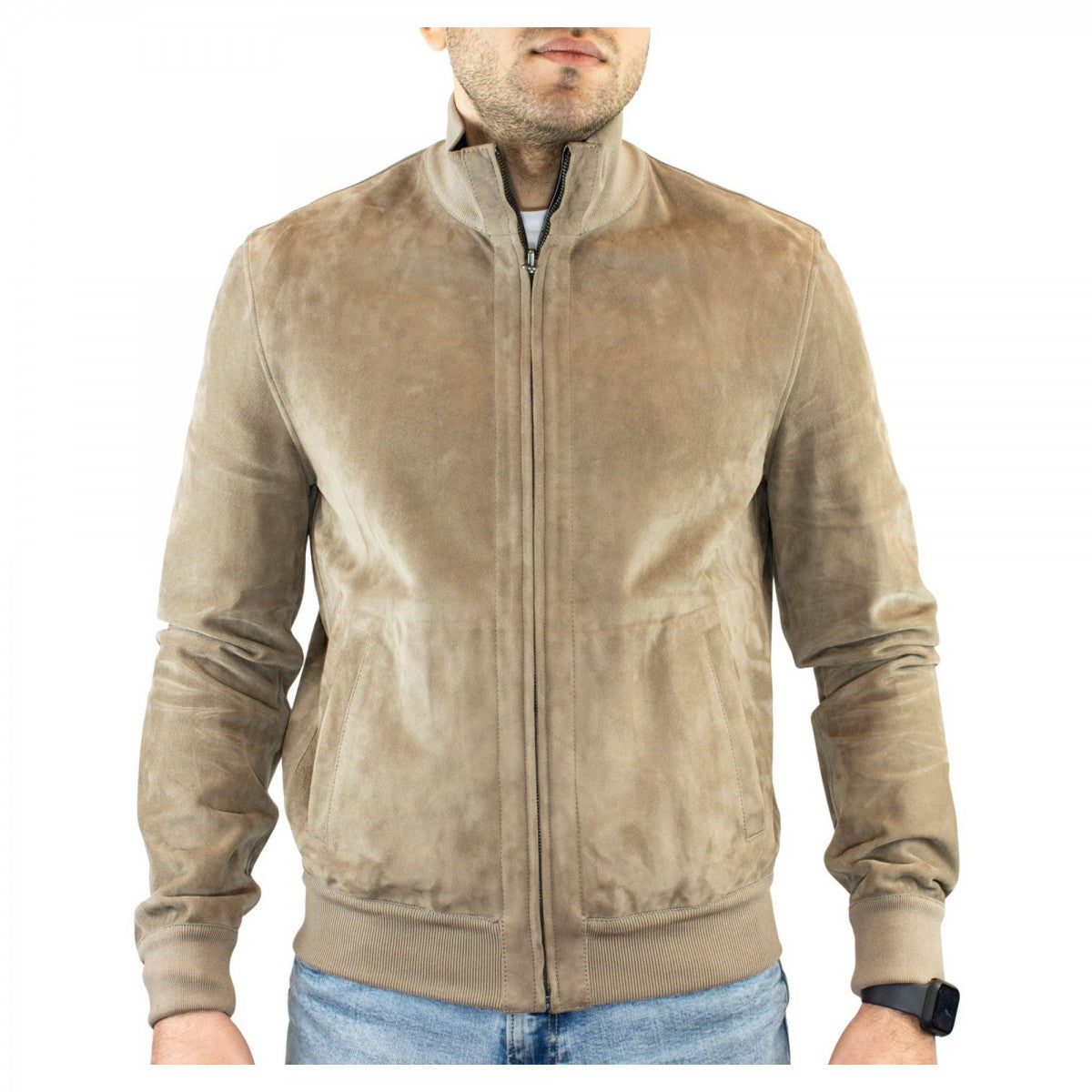 Giacca reversibile da uomo fatta a mano in pelle di renna e agnello taupe e blu