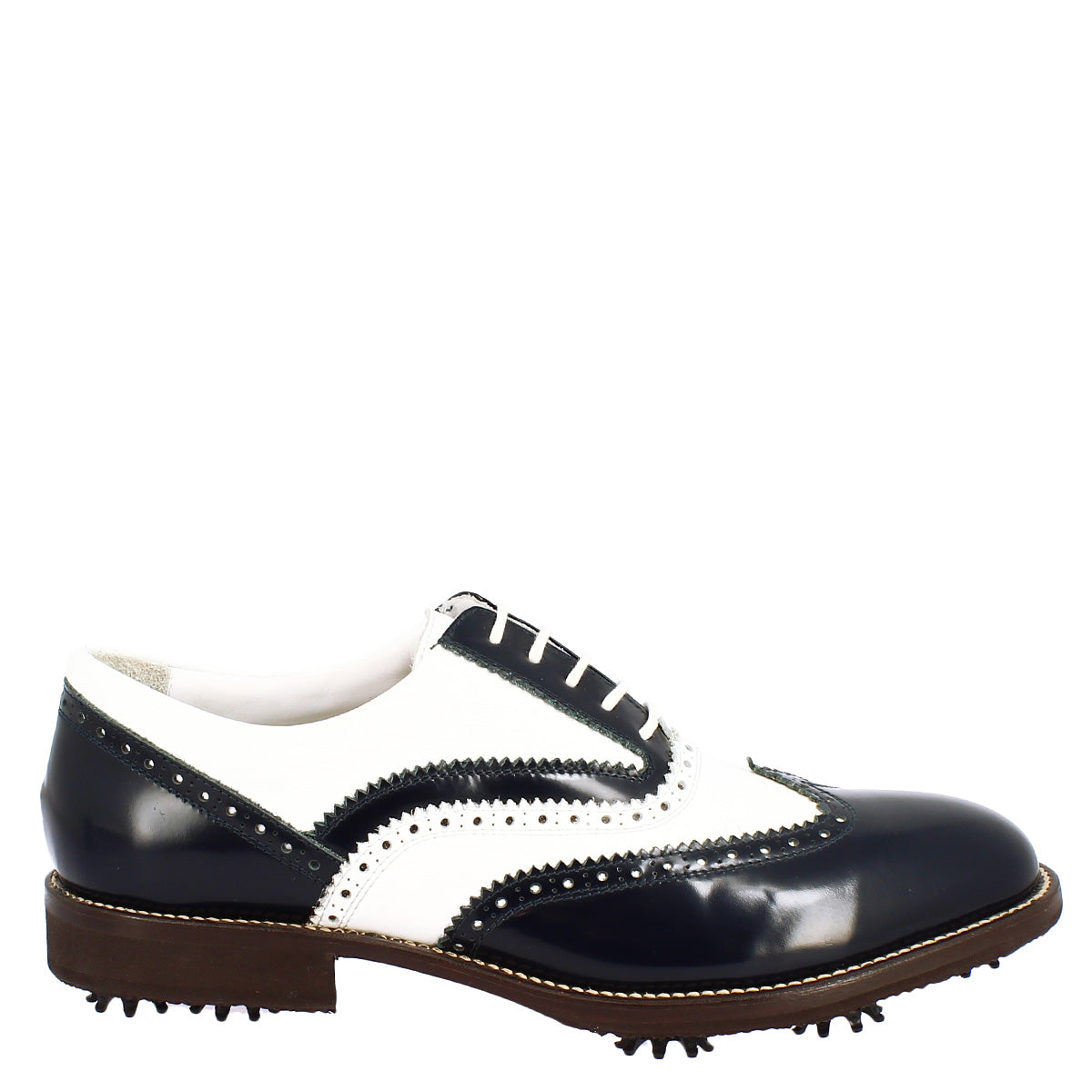 Handcrafted men's golf shoes in black white red full-grain leather