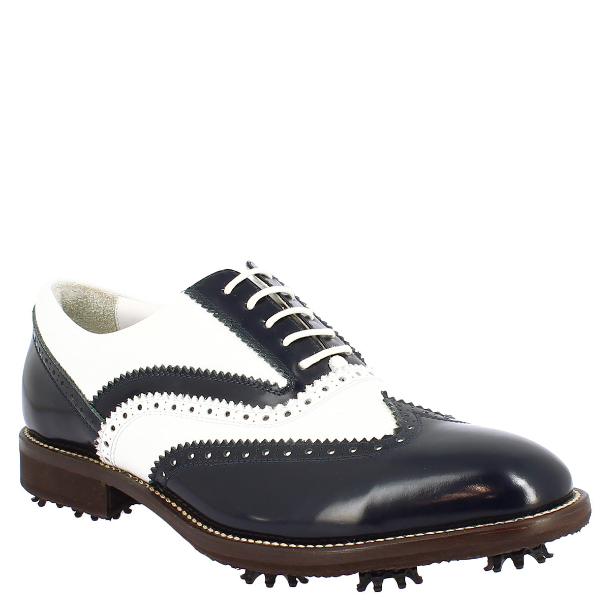 Handcrafted men's golf shoes in black white red full-grain leather